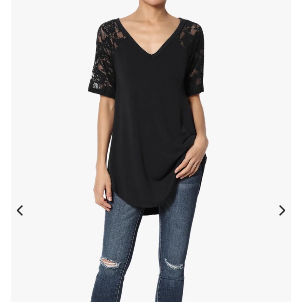 Plus Size Zenana Black Lace Short Sleeve V-Neck Top, Round bottom, NWT, 1X-3X
